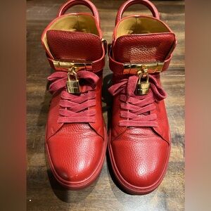 BUSCEMI Men's Sneaker 100MM Guts Maroon Gold Italian Leather Mid Top Size US 10